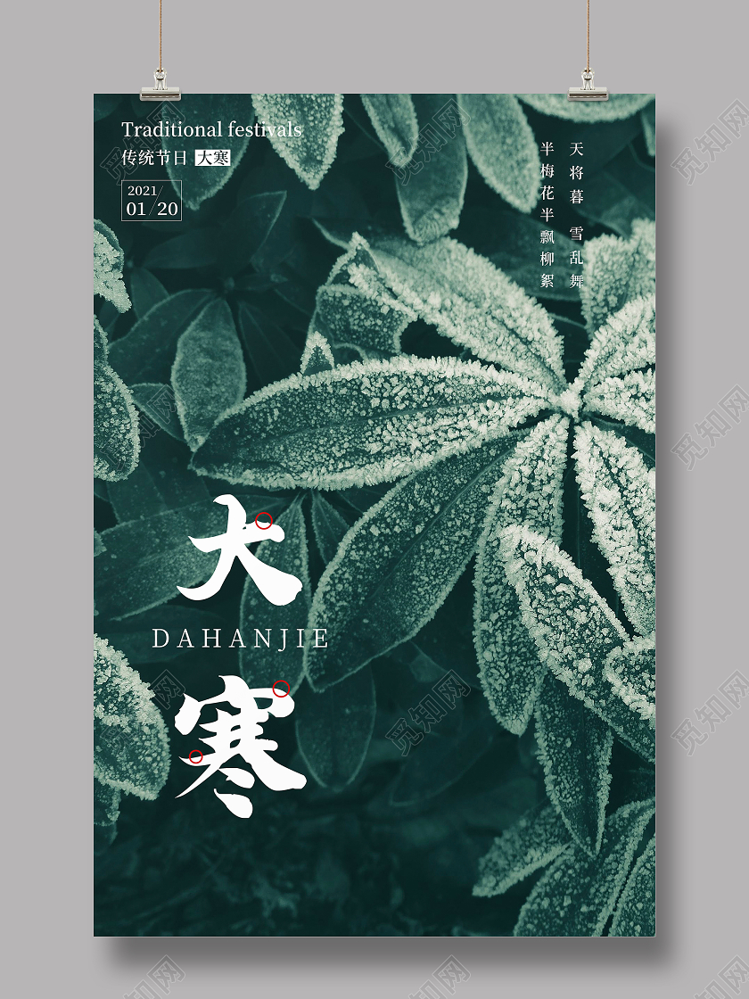 绿色简约大寒二十四节气宣传海报