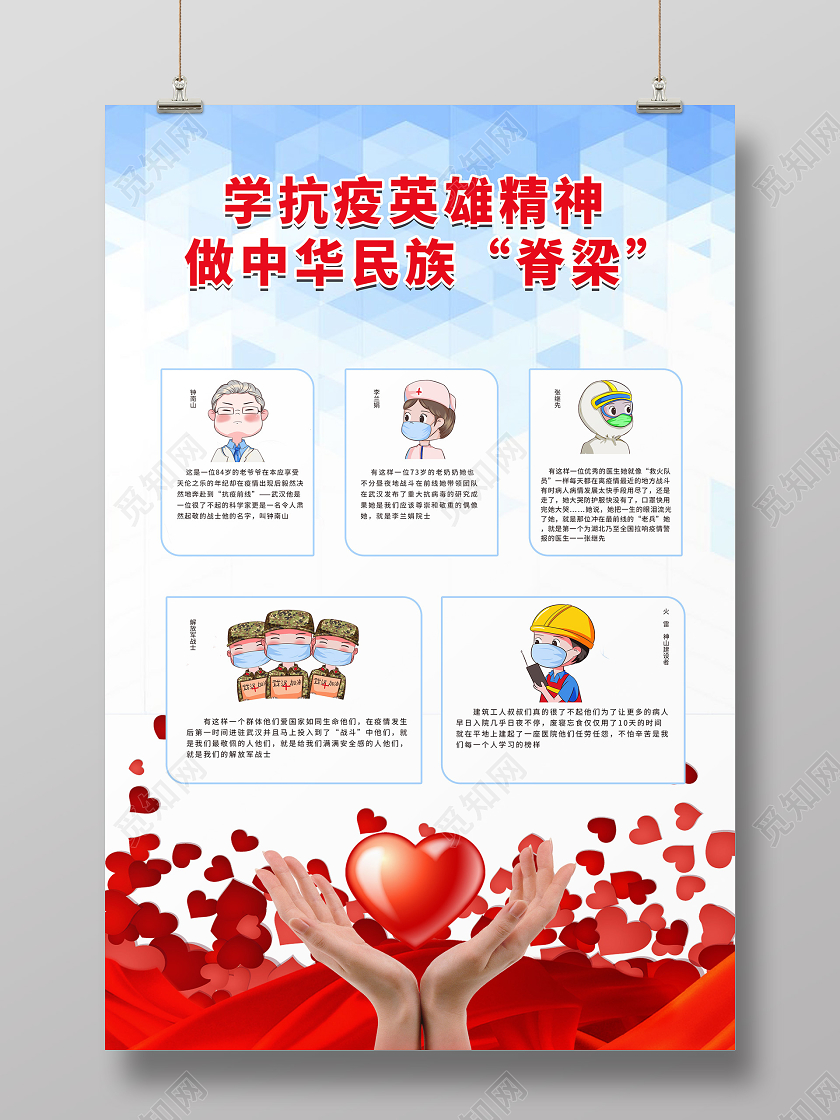浅蓝色卡通风格学抗疫英雄精神宣传海报设计
