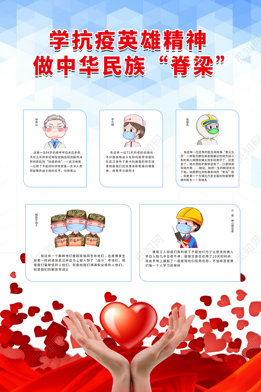 浅蓝色卡通风格学抗疫英雄精神宣传海报设计