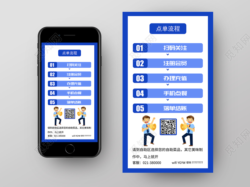 蓝色简约扫码点餐流程宣传展示手机海报扫码点单点餐