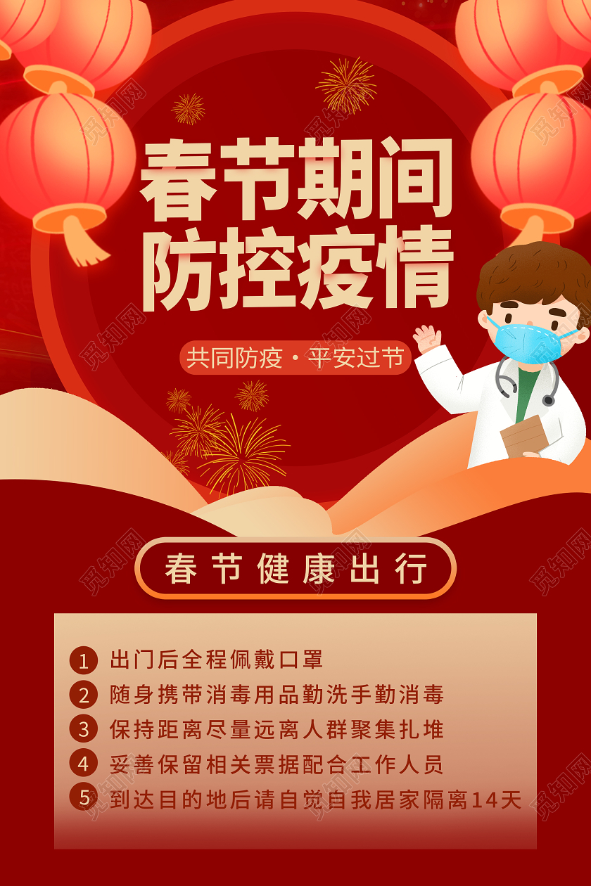抗疫红色春节期间防控疫情健康出行春节疫情防疫海报