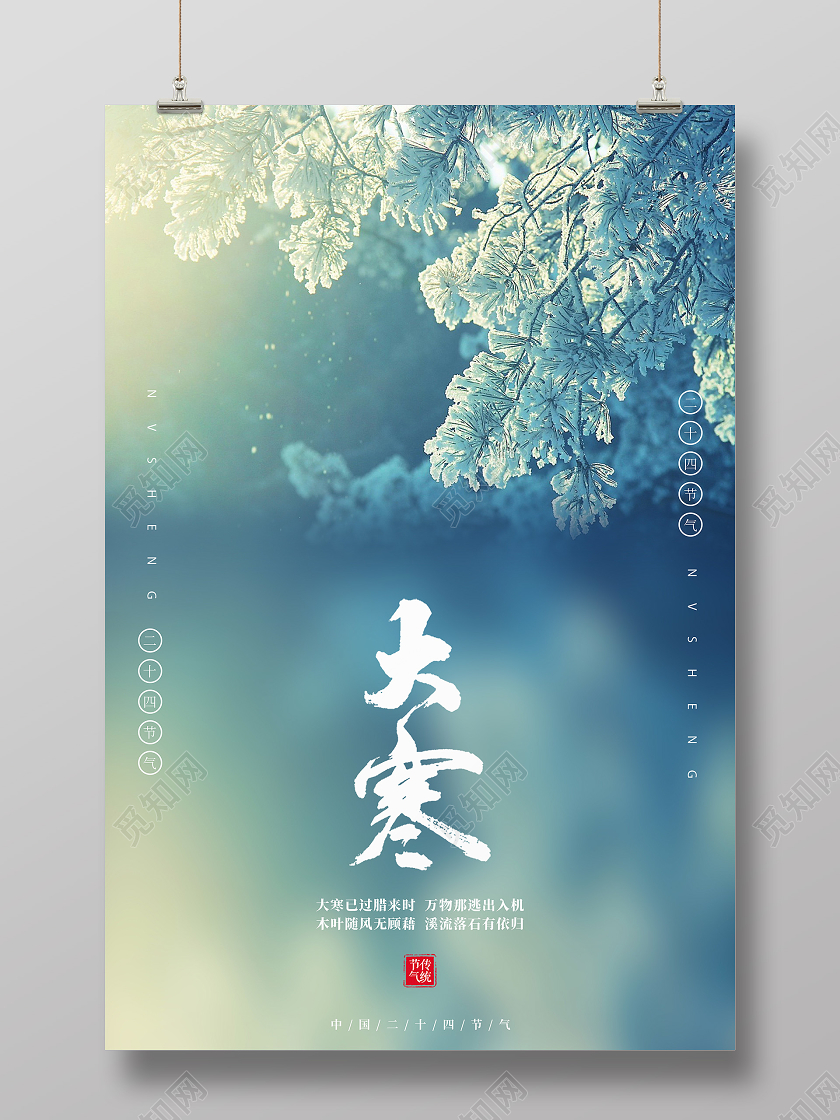 墨绿唯美24节气二十四节气大寒海报