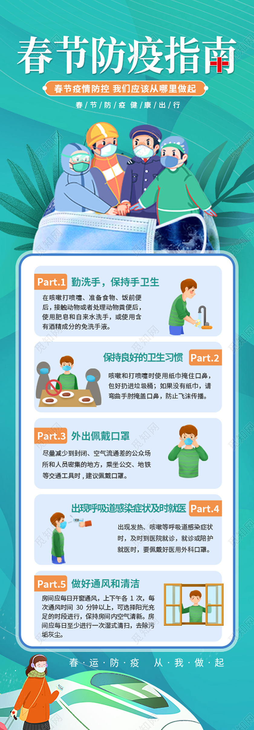 青色扁平春节防疫指南春节疫情防控手机长图