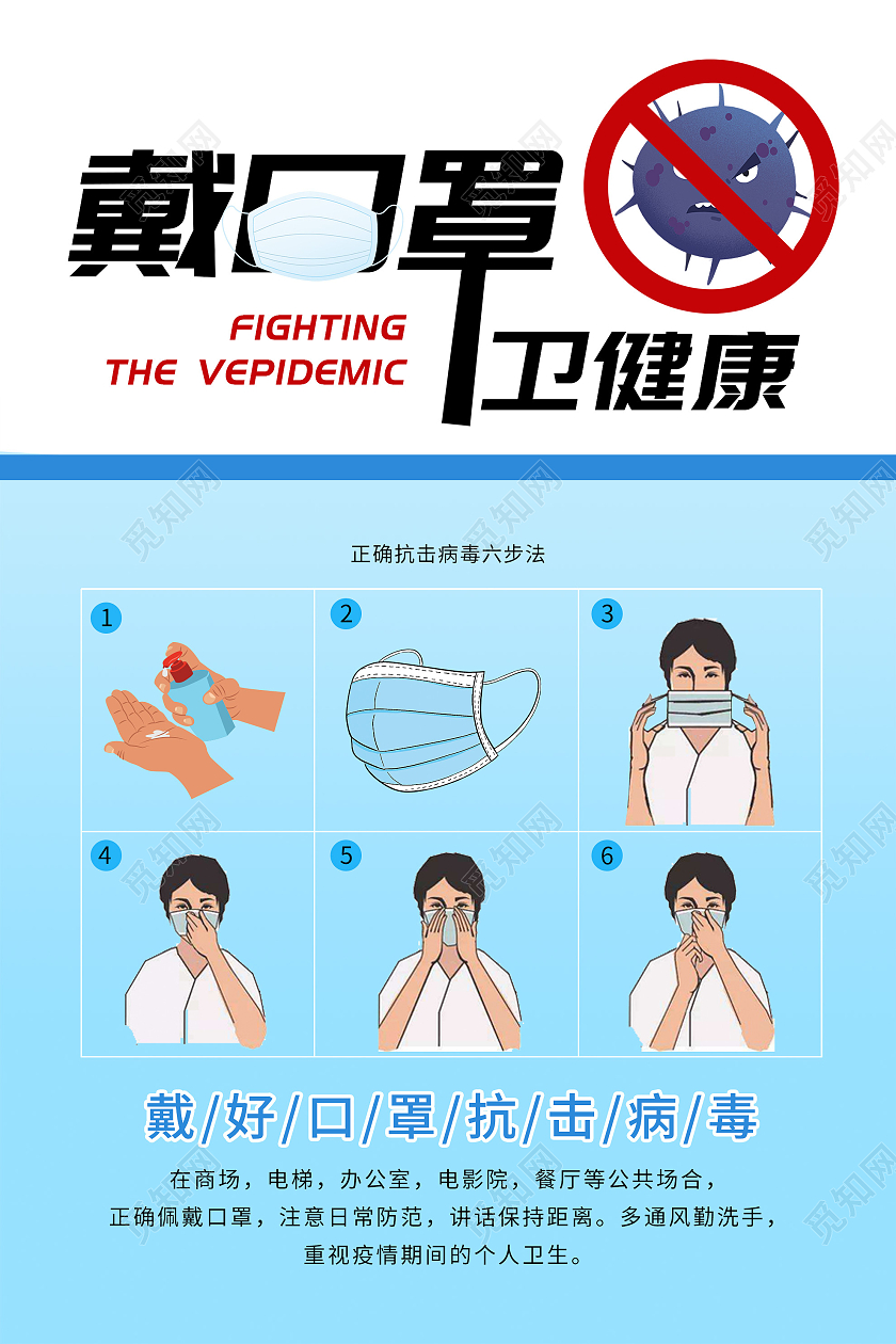 蓝色漫画戴口罩捍卫健康方法海报正确佩戴口罩