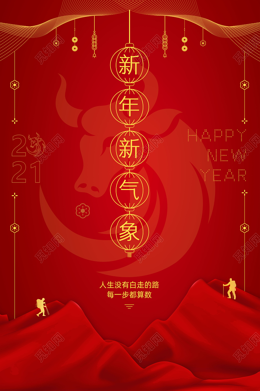 红色简约新年新气象海报2021春节牛年新年新气象