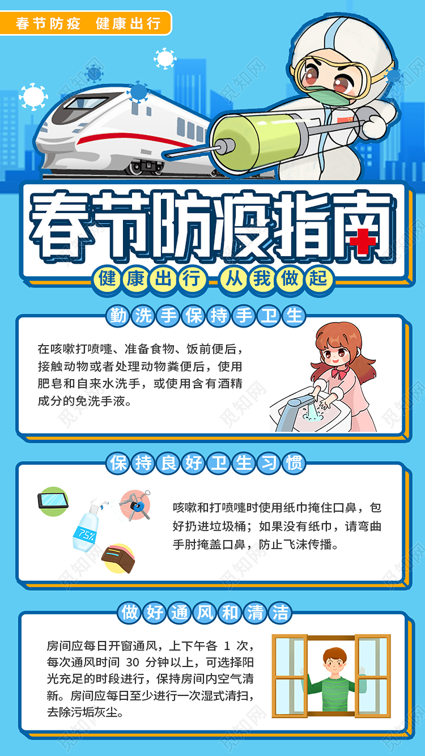 蓝色卡通春节防疫指南疫情ui手机海报