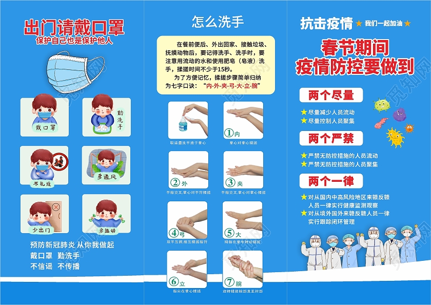 蓝色疫情防控疫情春节疫情防控3折页抗疫疫情防控宣传单