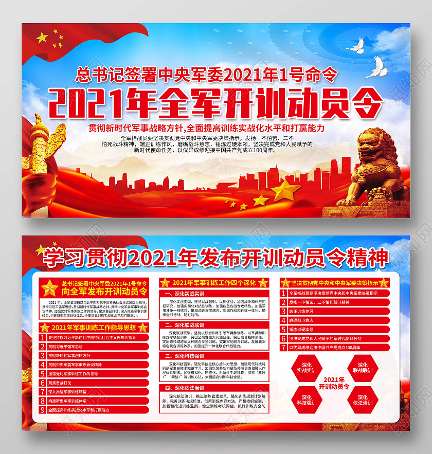红色党政2021年全军开训动员令开训动员令宣传栏党建党政党课