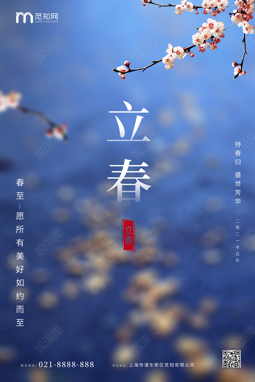 蓝色简约立春春至海报设计二十四节气立春