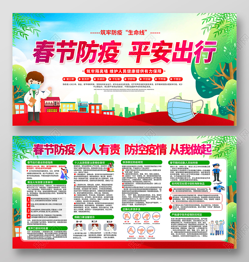 绿色2021春运春节防疫平安出行防疫宣传栏抗疫春节疫情宣传栏