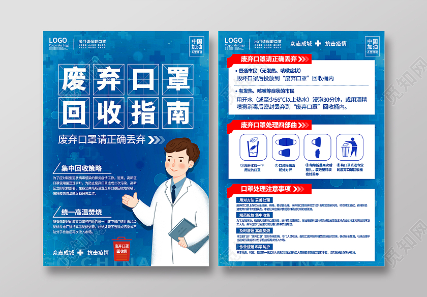 蓝色装饰废弃口罩回收指南口罩回收宣传单