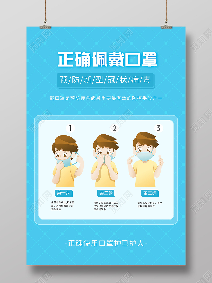 蓝色卡通正确佩戴口罩预防新型冠状病毒海报
