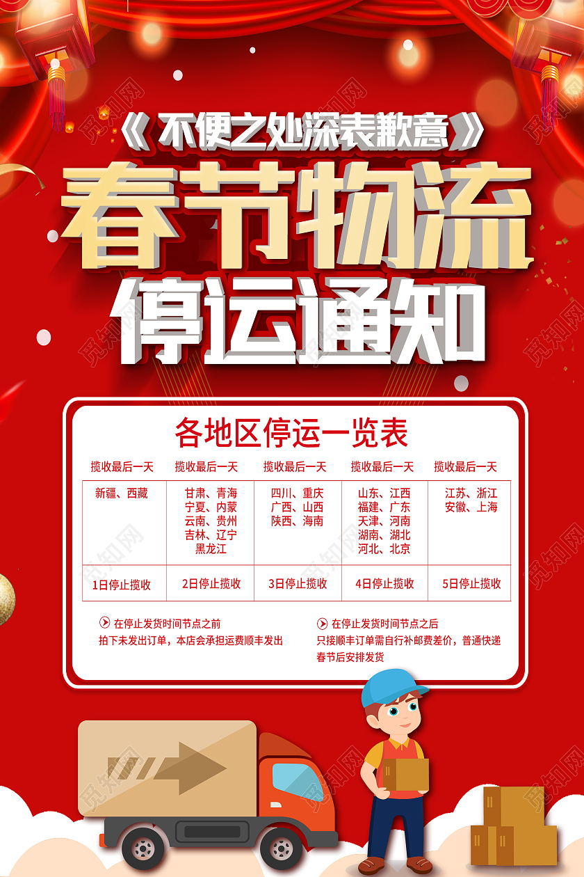 红色卡通春节物流停运通知物流停运通知海报