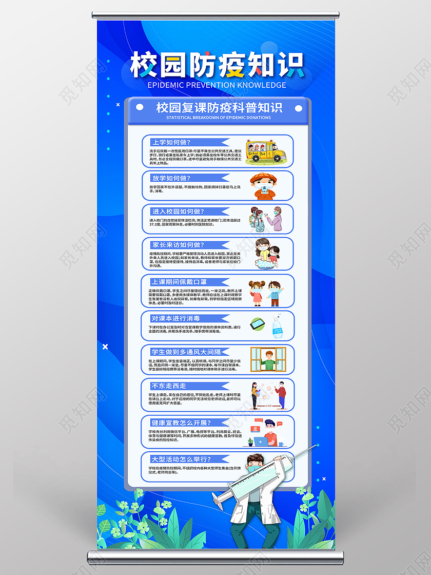 蓝色卡通校园防疫知识疫情抗疫展架易拉宝
