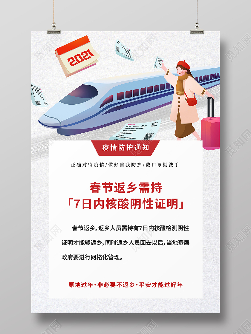 白色卡通春节返乡需持7日核算阴性证明春运通知公告海报