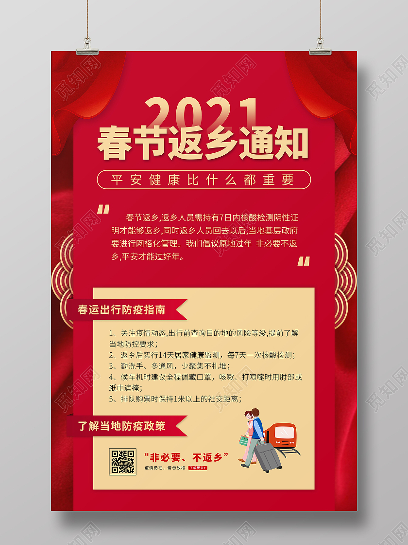 红色春节春运疫情返乡防疫通知海报抗疫疫情春运通知春运返乡通知