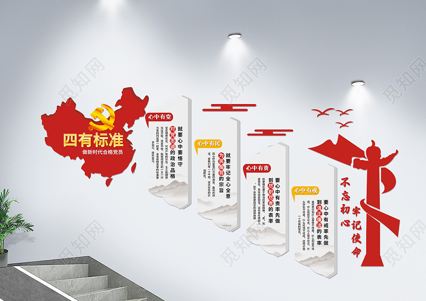 红色简约党建文化墙四有标准楼梯文化墙