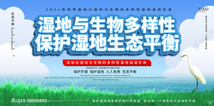 蓝绿色小清新湿地与生态多样性保证生态平衡展板设计世界湿地日