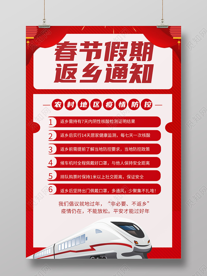 红色2021年春节返乡通知海报农村疫情防控海报抗疫疫情春运通知春运返乡通知