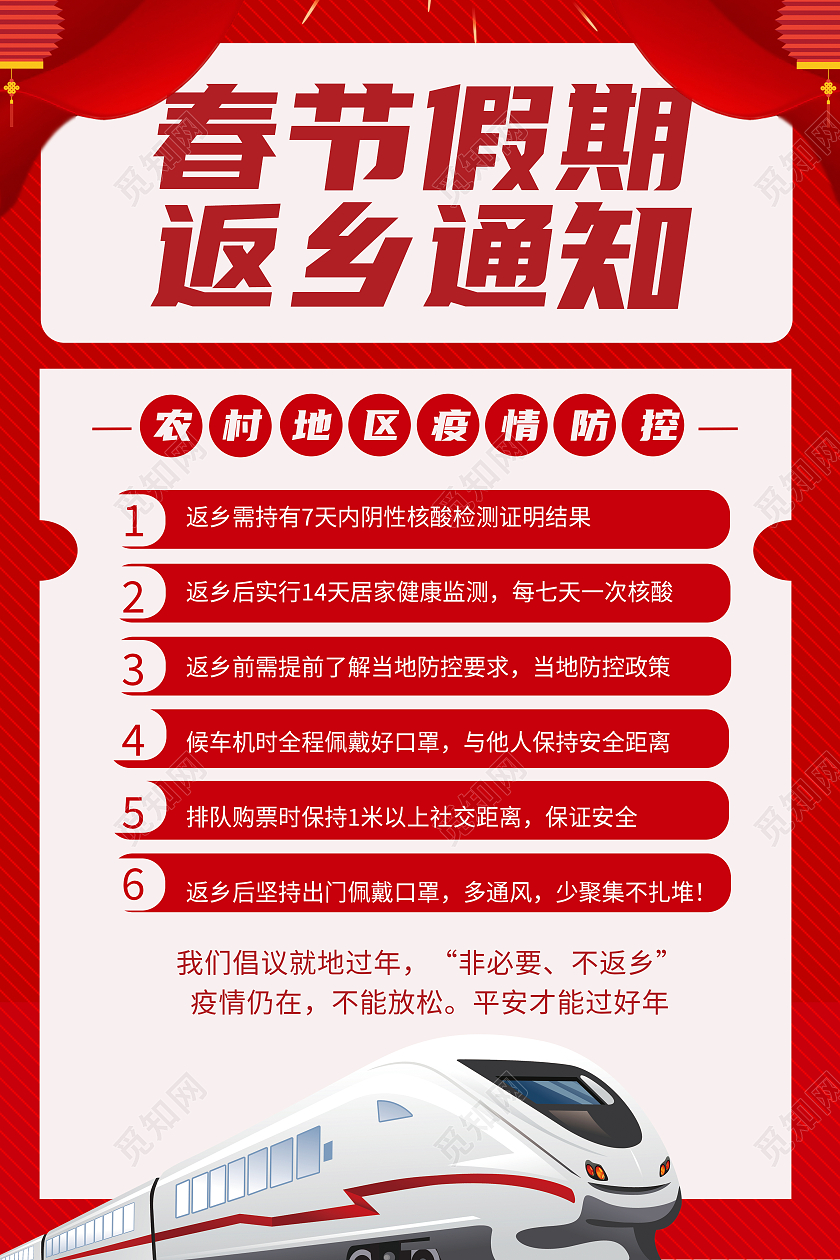 红色2021年春节返乡通知海报农村疫情防控海报抗疫疫情春运通知春运返乡通知