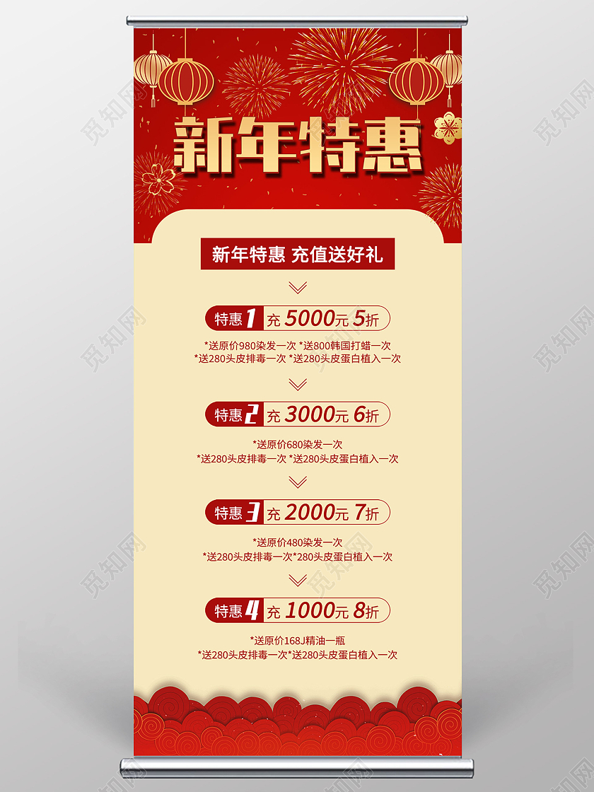 红色喜庆2021年新年特惠美容美发充值活动宣传展架