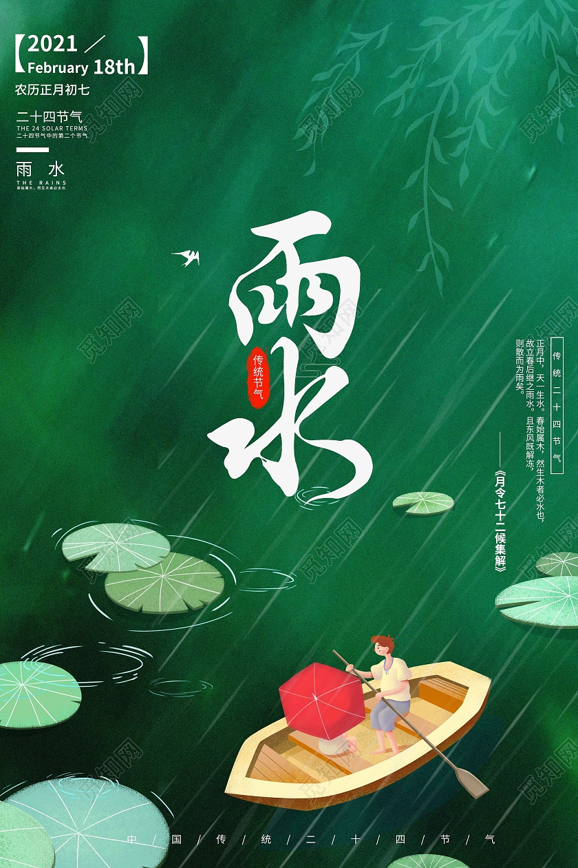 传统节气雨水海报绿色中国二十四节气雨水宣传