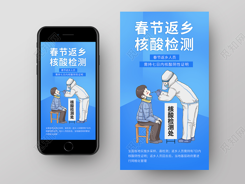 卡通风蓝色系春节返乡核酸检测疫情核酸检测手机海报