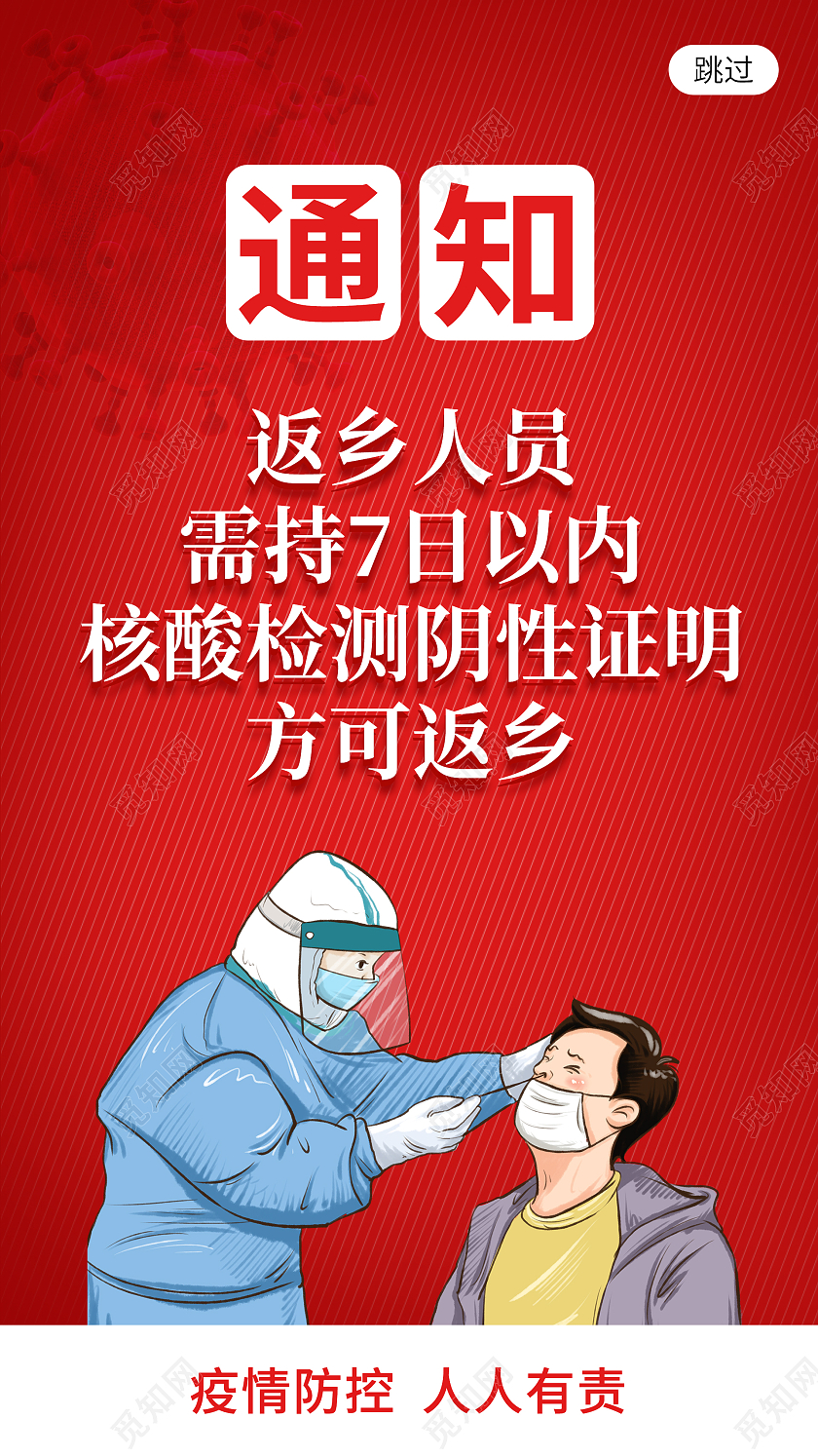 红色系通知返乡人员需持7日以内核酸检测阴性证明方可返乡UI疫情核酸检测手机海报