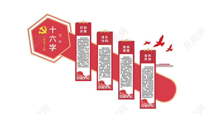 红色简约现代党建十六字方针楼梯文化墙