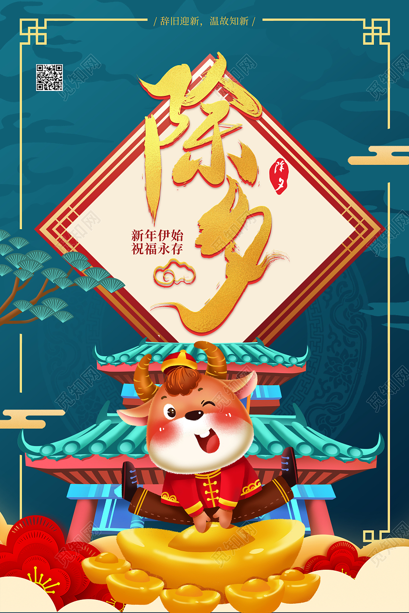 蓝色卡通除夕2021牛年海报