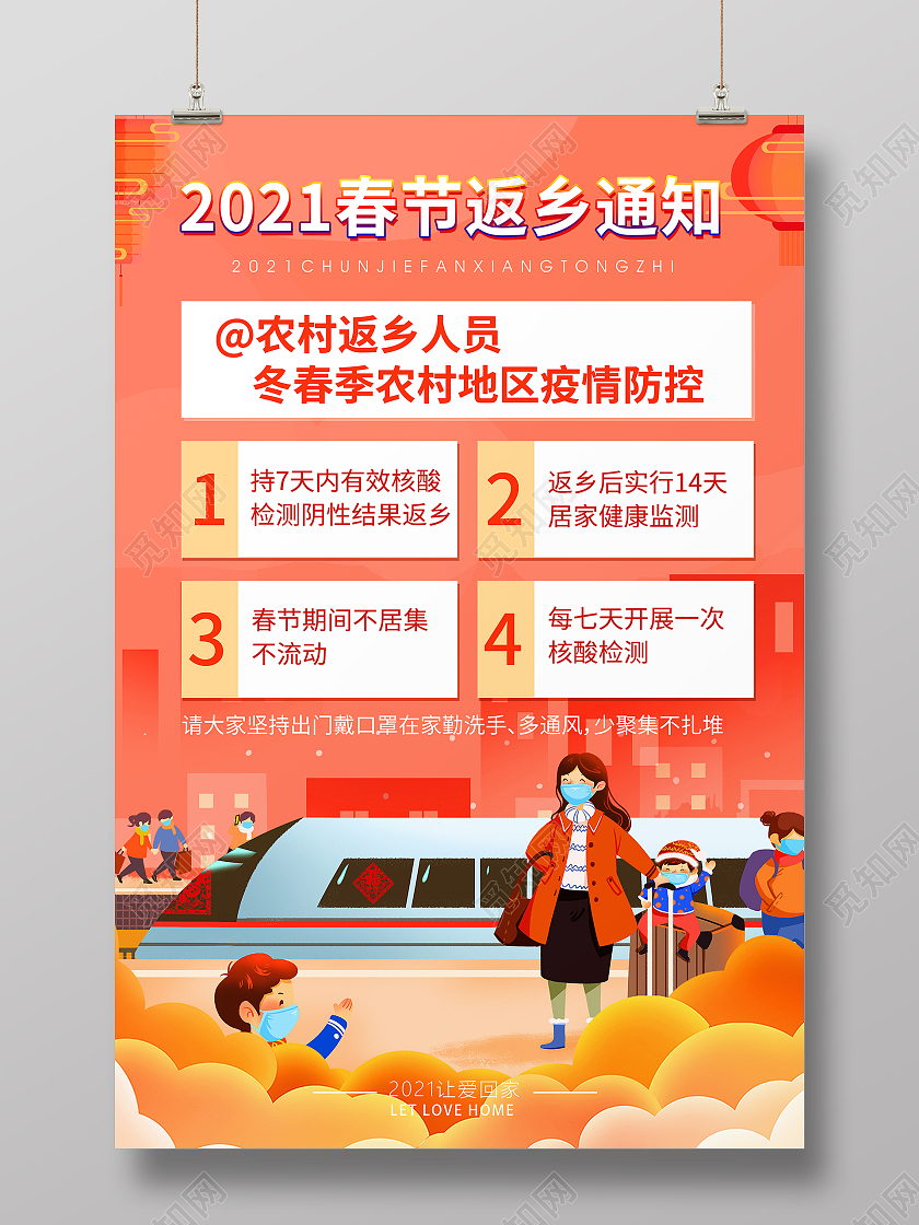 橙色简约新年抗疫疫情春运通知春运返乡通知海报
