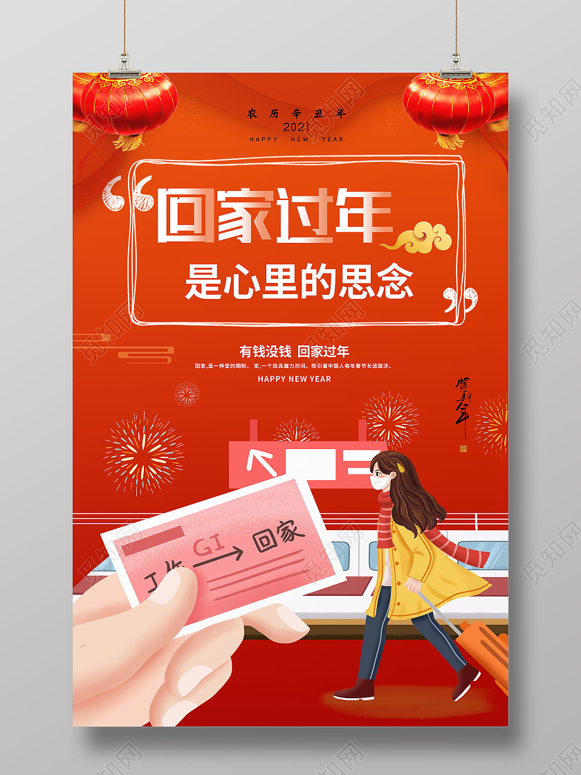 红色卡通回家过年是心里的思念回家过年系列海报回家过年系列5