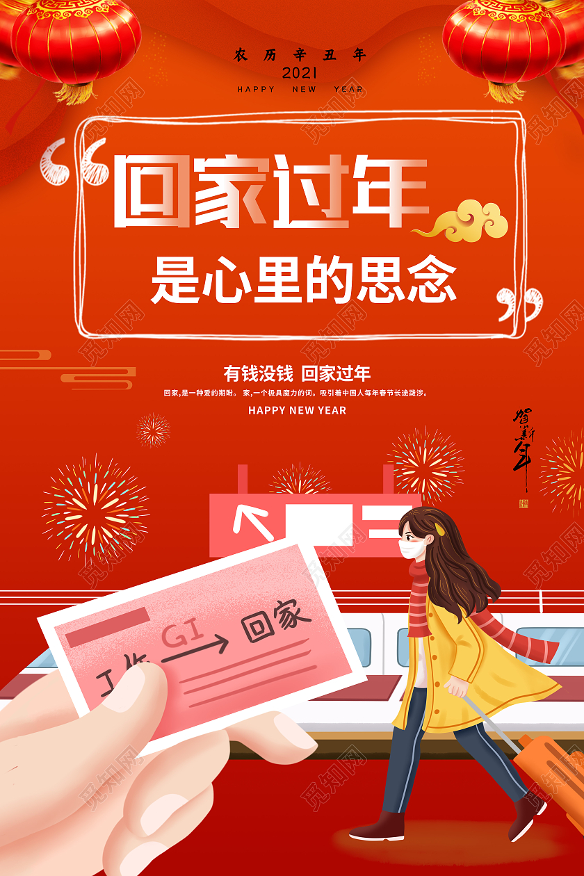 红色卡通回家过年是心里的思念回家过年系列海报回家过年系列5