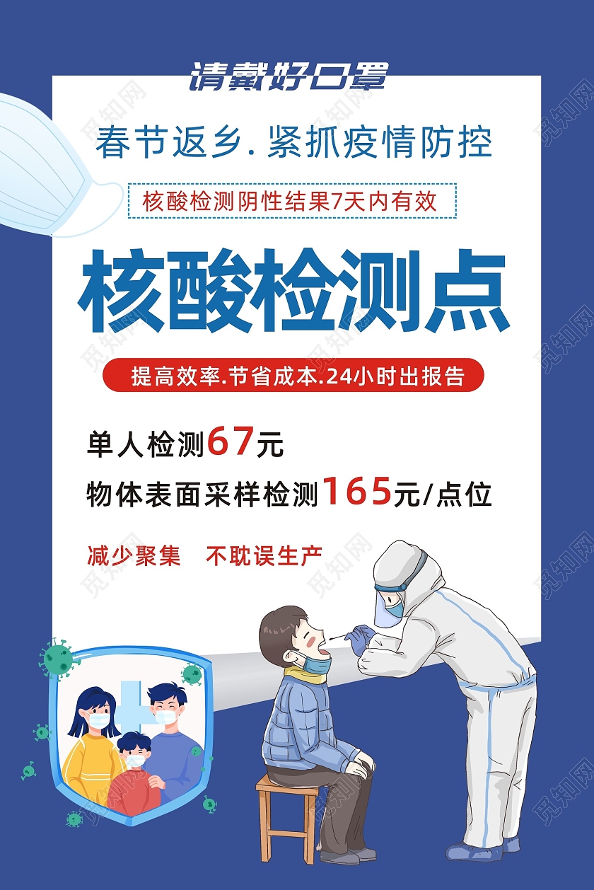 蓝色卡通核酸检测点核酸检测海报