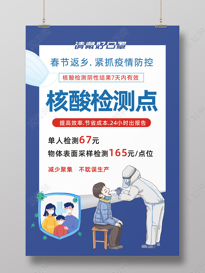 蓝色卡通核酸检测点核酸检测海报