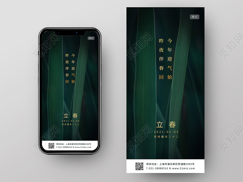 绿色叶子背景二十四节气之立春雨水海报