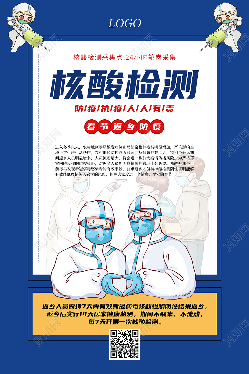 蓝色简约插画风核酸检测海报