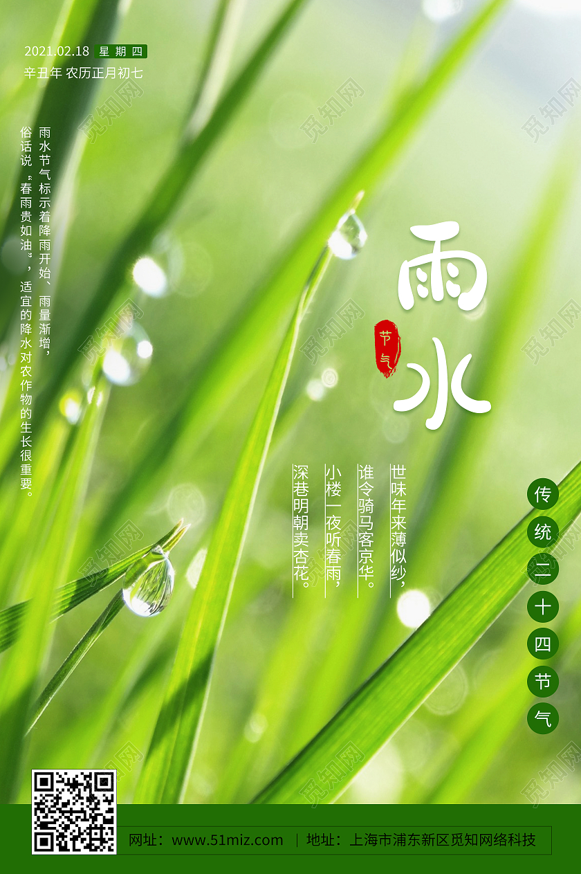 绿色小清新雨水二十四节气雨水海报