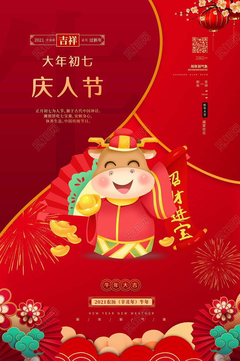 2021年红色牛年大年初七庆人节海报春节习俗系列图