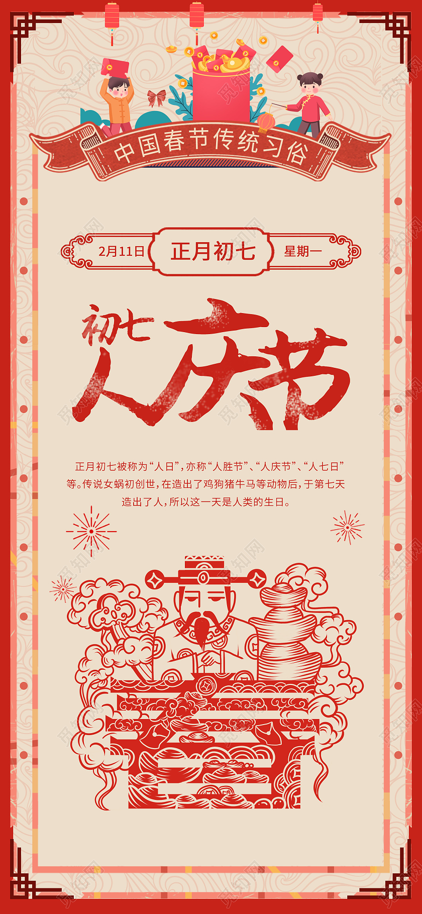 红色手绘中国风中国传统习俗2021大年初七手机海报2021春节习俗过年大年初七手机H5海报
