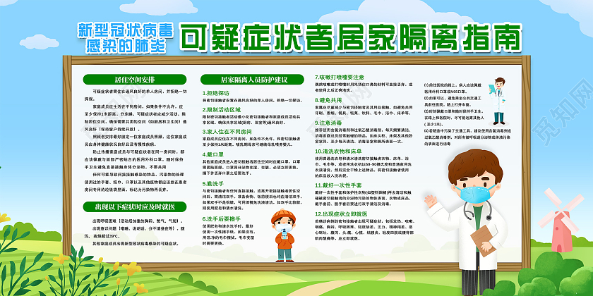 蓝天草地可疑症状者居家隔离指南居家隔离展板