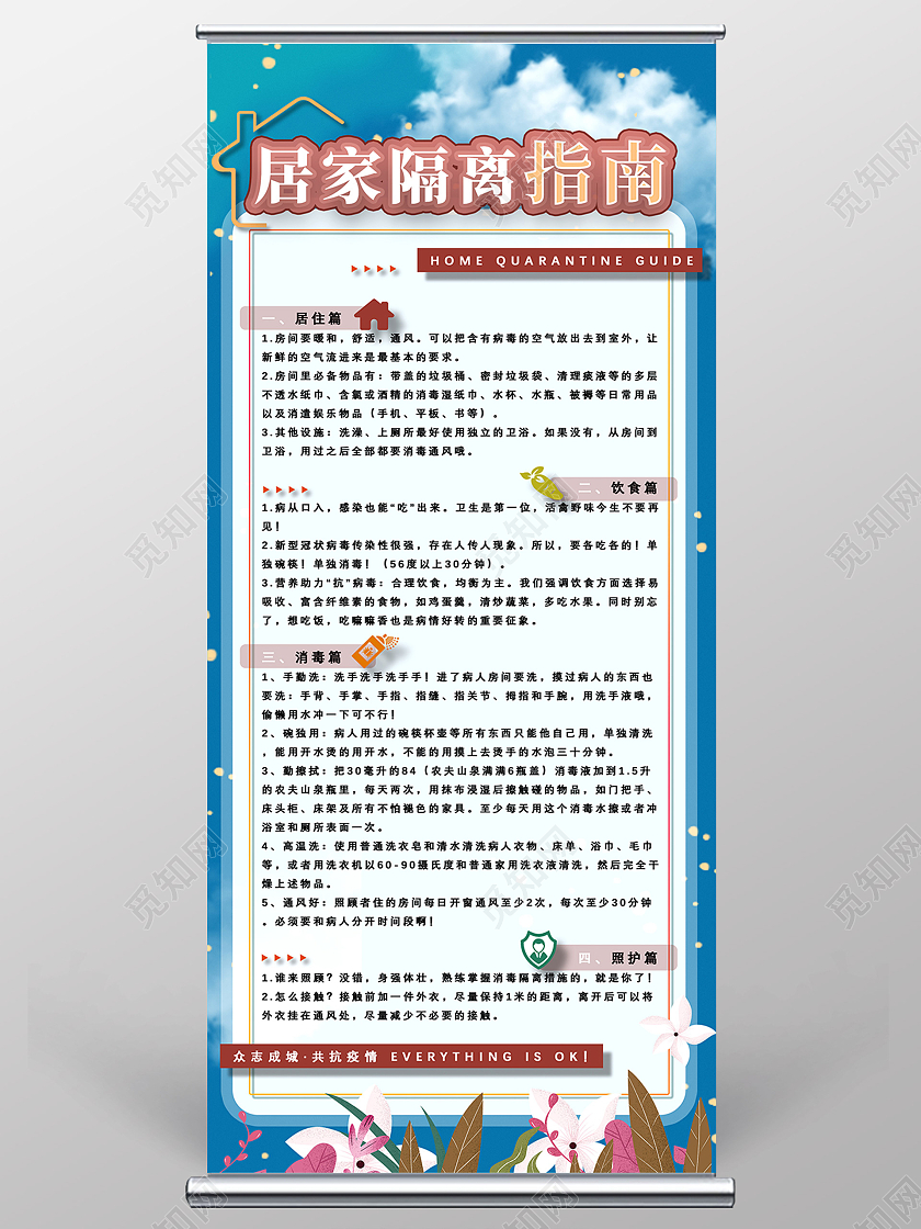 蓝色卡通居家隔离指南居家隔离展架