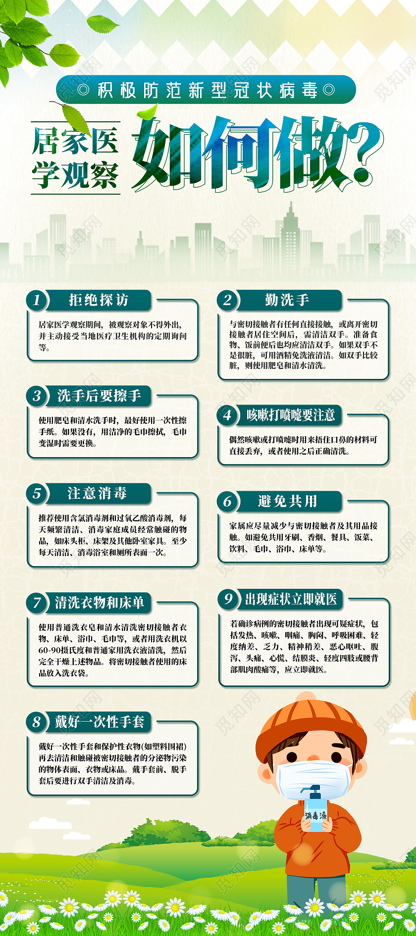 绿色卡通居家医学观察如何做居家隔离指南居家隔离展架