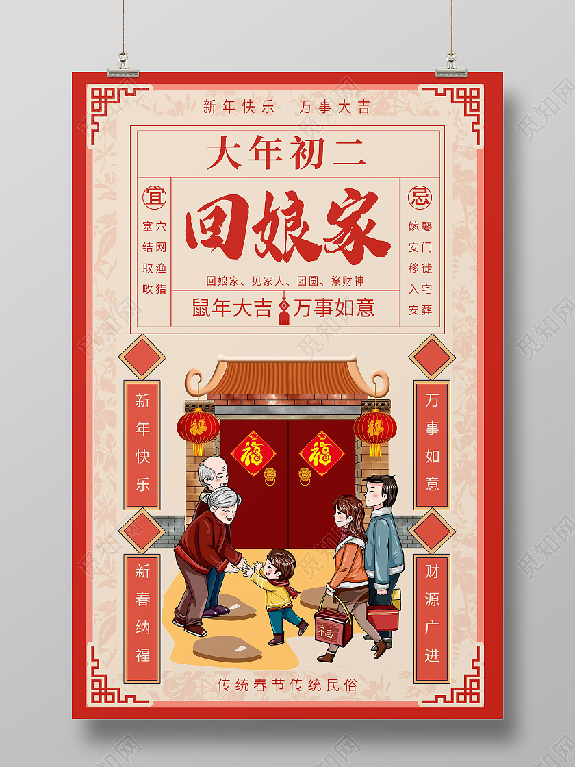 简约大气2021春节习俗过年大年初二回娘家海报2021春节2021春节习俗过年大年初二回娘家手机H5海报