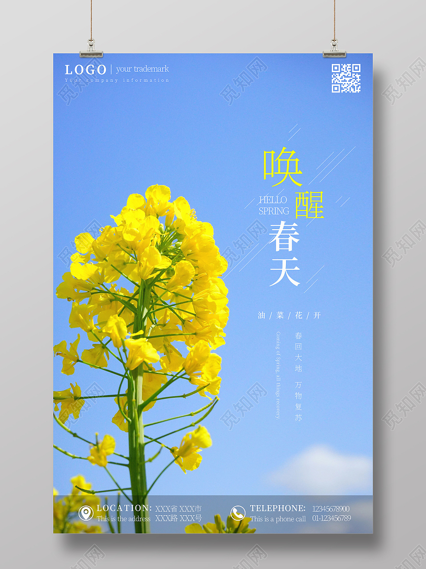 简约黄色小清新油菜花唤醒春天海报
