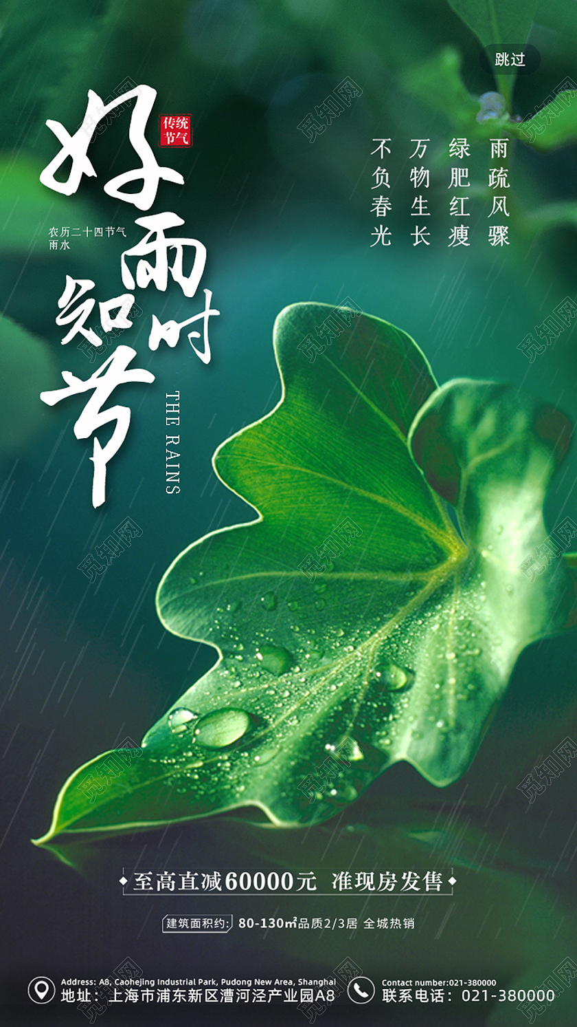 绿色中国传统二十四节气雨水手机海报雨水ui手机海报