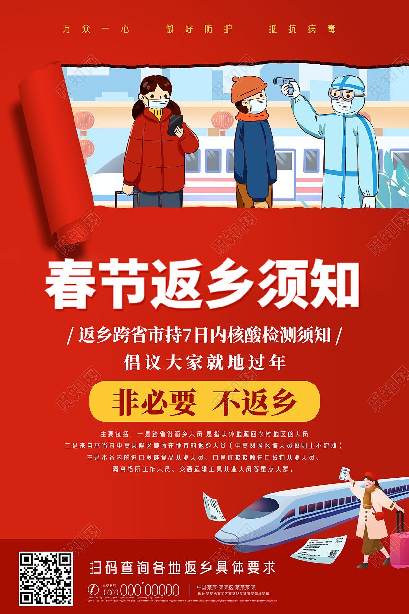 红色手绘春节返乡须知疫情防疫海报