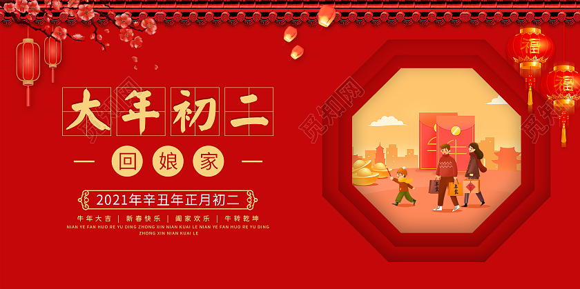 红色简约2021大年初二回娘家新年展板新年春节牛年大年初二