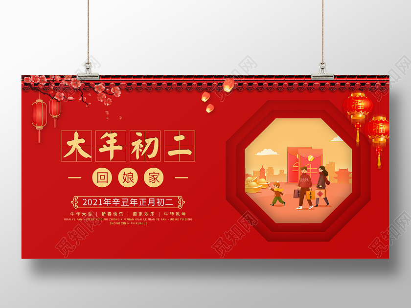 红色简约2021大年初二回娘家新年展板新年春节牛年大年初二