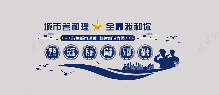 蓝色简约大气城市管理文化墙